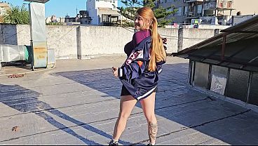 Shameless girl with big boobs having sex in public terrace