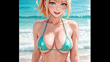 IA Beautiful blonde girl in a blue bikini acting like a whore.
